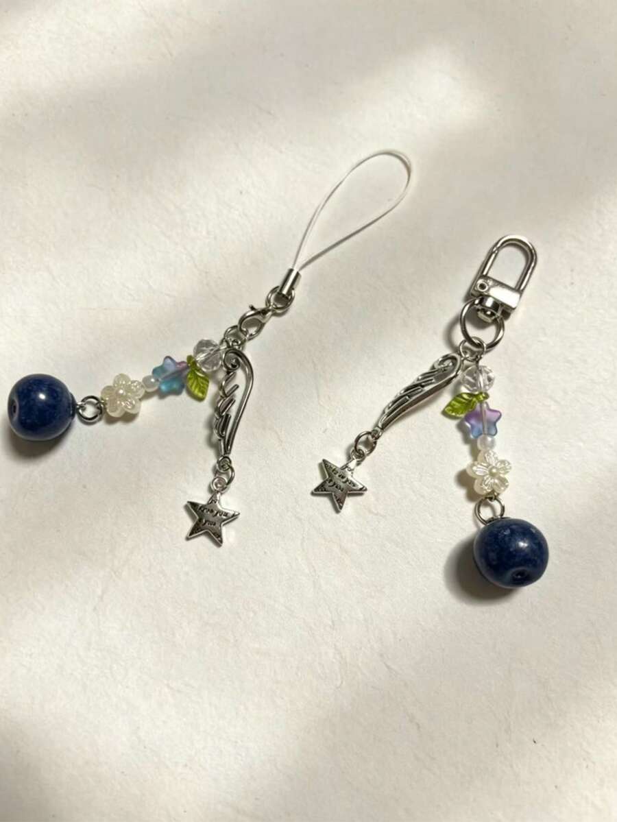1 Stück Y2K Ästhetik Flügel & Stern Anhänger Schlüsselanhänger, süßer Blumen Perlen Anhänger, Handyband, Taschen Dekoration, Geldbörse Accessoire, Damen Mode Schmuck Geschenk - Verschiedenfarbig - Übersicht 1