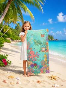 1pc Ocean Creature Octopus, Coral, Sea Turtle Design Kids Beach Towel, Super Absorbent Oversized Beach Blanket, Suitable For Beach, Pool, Travel, Camping, Yoga - Multicolor - View 2
