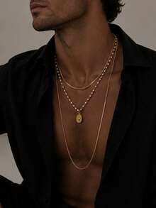 3pcs Vintage Rose Gold Men's Multi-Layer Necklace Set With Pearl And Sun Round Pendant, Autumn Street Date Gift Jewelry For Men - Gold - View 4