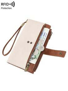 CHARM INFINITE New RFID Anti-Theft Vintage Women's Wallet, Colorblock Buckle Double Zipper Multifunctional Clutch, Multi-Card Slot Trifold Long Wallet With Wrist Strap - White - View 11