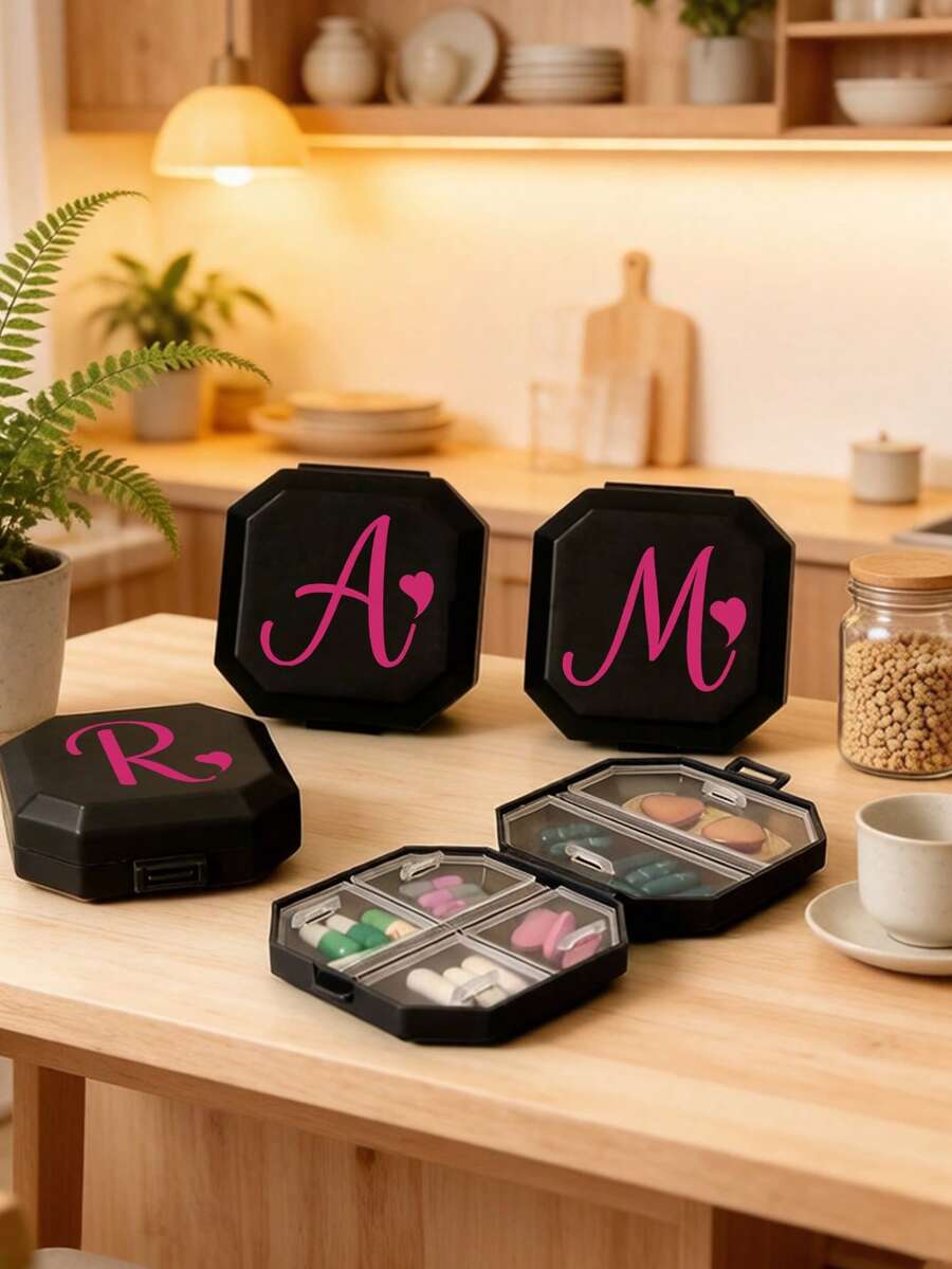 Rose Heart Pattern A-Z Letter Portable Compartment Pill Box, Minimalist Stylish Portable First Aid Bag, Capsule Storage Box, Travel Pill Box, Pill Storage, Travel Mini Pill Box, Moisture-Proof Tablet And Vitamin Dispenser Storage, Home Camping, Outdoor Hiking, Back To School, Pill Box, Pill Container, First Aid Kit, Medical Box, Travel Accessories, Dorm Essentials Box - Multicolor - View 1