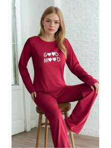 Women's Printed Pajama Set Fabric Soft Breathable Comfortable Sleepwear and Loungewear Set - 紅色 - 查看 6