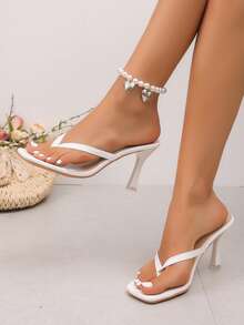 1 Pair Women's Summer New Elegant High Heel Flip Flop Sandals, Cute Color Block Design Square Toe Open Toe Slippers, Simple & Generous High Heel Sandals With Thin Heel, Fashion Party Date Evening Dress High Heels, Square Toe Design Stylish & Unique, Thin Heel Adds Elegance, Comfortable & Cute, White High Heel Sandals That Can Be Matched With Various Summer Outfits - White - View 3
