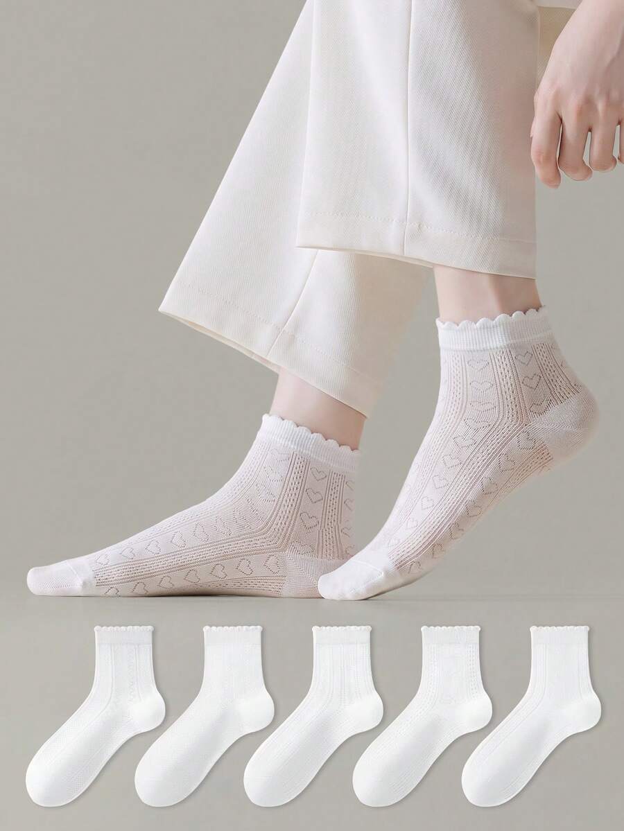 ZUJO 5 Pairs Women's Solid White Bow Heart Pattern Hollow Out Ruffle Trim Short Socks, Soft And Breathable, Suitable For Spring, Autumn, Summer Daily Wear - View 1