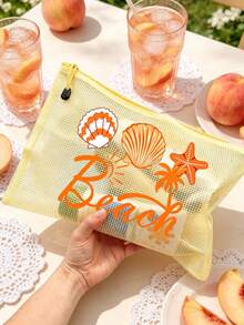 時尚防水PVC沙灘包，印有「Beach」彩色字母，A4尺寸，透明化妝包配尼龍拉鍊，適合游泳、潛水和夏季度假，輕巧，適合年輕男女，沙灘包配件，旅行必需品，旅行配件，度假必備。返校用品盥洗包洗浴包大容量淋浴包，女士母親節禮物教師禮物郵輪必需品 - 彩色 - 查看 6