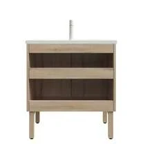 NIKO 80cm freestanding bathroom washing table with integrated basement wash basin made of white ceramic, striped wardrobe with adjustable shelf inside and double doors, white oak wood mastering Frabe - 80,5 cm + Keramikspüle 1 - Übersicht 4