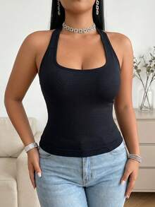 Women's Plus Size Ribbed Halter Neck Tank Top, Open Back Slim Fit Sleeveless Cami, Casual Daily Wear, Lounge & Workout Athletic Tops - Black - View 4
