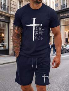 Men's Solid Color Breathable Short Sleeve T-Shirt And Shorts Casual Set - Navy Blue - View 2