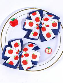 2 piezas de pinzas para el cabello con lazo y estampado de manzana en blanco & azul marino para niñas, bonitas barretas, pinzas de cocodrilo, primer día de escuela, accesorios para el cabello de uso diario casual - Multicolor - Ver 4