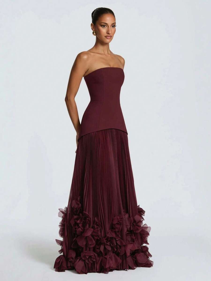 Strapless Structured Bodice Pleated Maxi Gown 3D Floral Ruffle Hem Burgundy Formal Evening Dress Women Gala Wedding Guest Long Dress - Burgundy - View 1