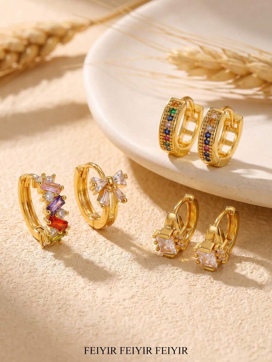 VintageColorfulZirconiaRoundAndPetiteBowHoopEarringsForWomen,Gold-ToneFade-ResistantGeometricEarrings,WeddingPartyAestheticJewelry,SummerBeachVacationAccessories,SuitableForDailyWorkWear,UniqueGiftForMom/Girlfriend/BestFriend