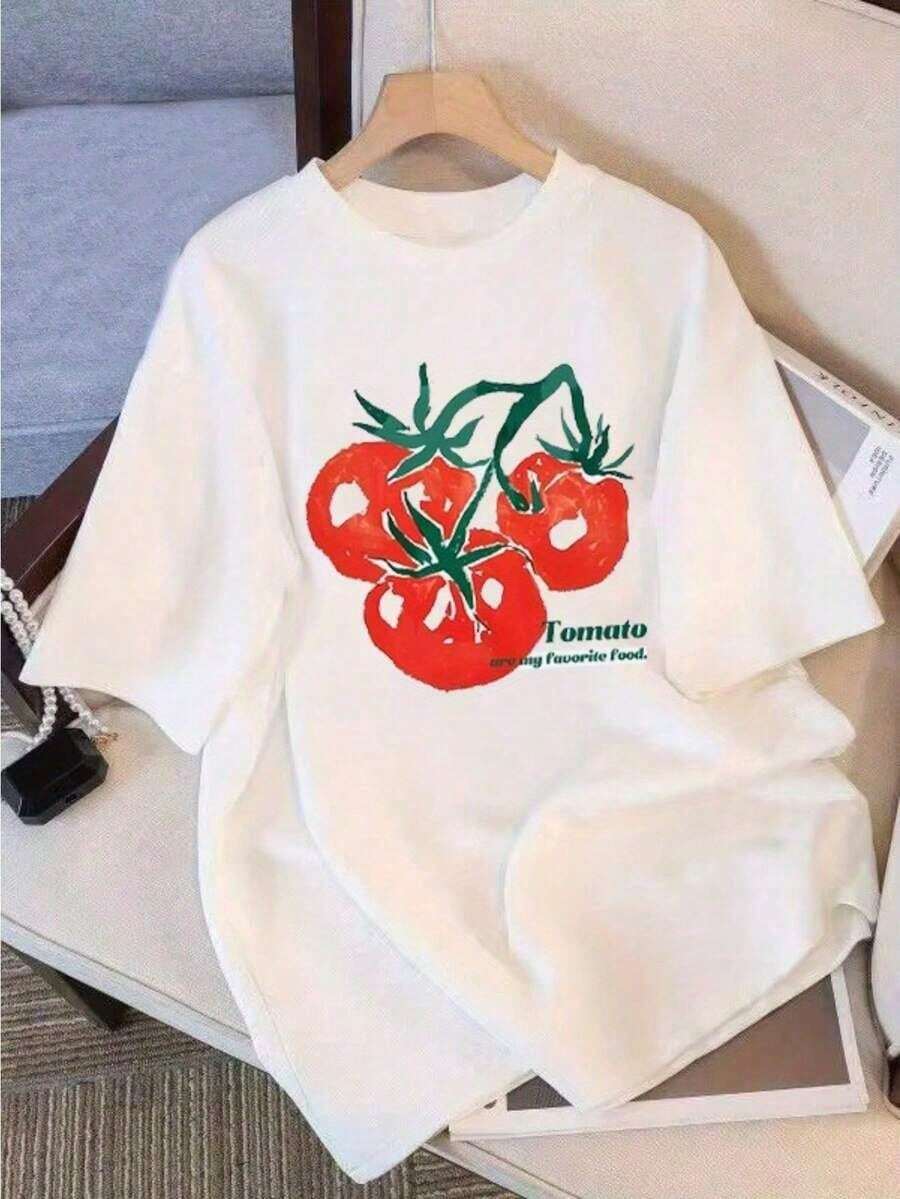 1 Pcs Ladies Cute Casual Oversized Graphic Tee, 100% Pure Cotton White Top, Fresh Retro Tomato Slogan Print, Spring Summer Streetwear For Vacation Tea Party Airport Look - 白色 - 查看 1