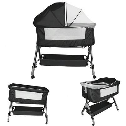 Wickeltisch – 4-stufig höhenverstellbares Multifunktionsbett – zusammenklappbares Radbett – mit Rollen – Y-förmige Beine – Räder mit Fixierungen – mit Moskitonetz – Aufbewahrungsregal unter dem Bett – atmungsaktives Netz – Reißverschluss-Design – 105 x 52 x 103–115 cm