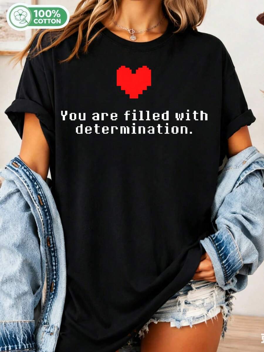 Undertale You Are Filled With Determination Red Heart Cotton T-Shirt.. - 黑色 - 查看 1
