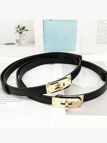1PC Women Adjustable Size Waist Belt With Gold Buckle, Classic Casual Belt For Jeans Skirts Overcoats Daily Outfit - Lock - View 3