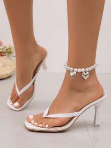 1 Pair Women's Summer New Elegant High Heel Flip Flop Sandals, Cute Color Block Design Square Toe Open Toe Slippers, Simple & Generous High Heel Sandals With Thin Heel, Fashion Party Date Evening Dress High Heels, Square Toe Design Stylish & Unique, Thin Heel Adds Elegance, Comfortable & Cute, White High Heel Sandals That Can Be Matched With Various Summer Outfits - White - View 5