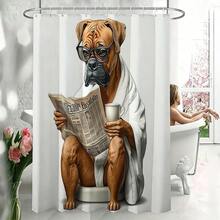 1件趣味鬥牛犬在馬桶上閱讀報紙印花防水浴簾，防霉聚酯纖維浴室隔簾附掛鉤，幽默寵物狗愛好者浴室家居裝飾 - 查看 5