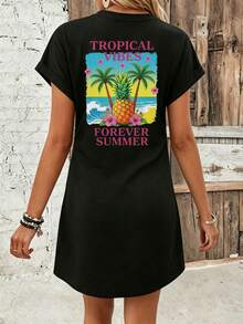 Summer Pineapple & Coconut Tree Dress, Customizable LOGO/Photo/Pattern/Musical Note/Text/Lucky Number/Coachella Music Festival/Mother's Elegant Black - Black - View 4