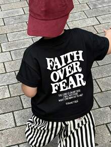 Boys' & Teens' Round Neck Short Sleeve T-Shirt For Summer - Comfortable Tee For Outdoor Adventure Lovers! Graphic Tee With "Faith Over Fear" Design - Black - View 2