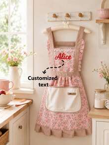 Anpassningsbart förkläde med småblommigt mönster och broderat namn, personlig broderistil, söt volangdesign för obehindrad rörelse, stora fickor för telefon och köksredskap, oljeresistent tyg som är lätt att rengöra, lämpligt för matlagning i köket och pyssel, hög igenkänningsfaktor med personligt broderi, perfekt för personligt bruk eller som present - Rosa - Visa 1