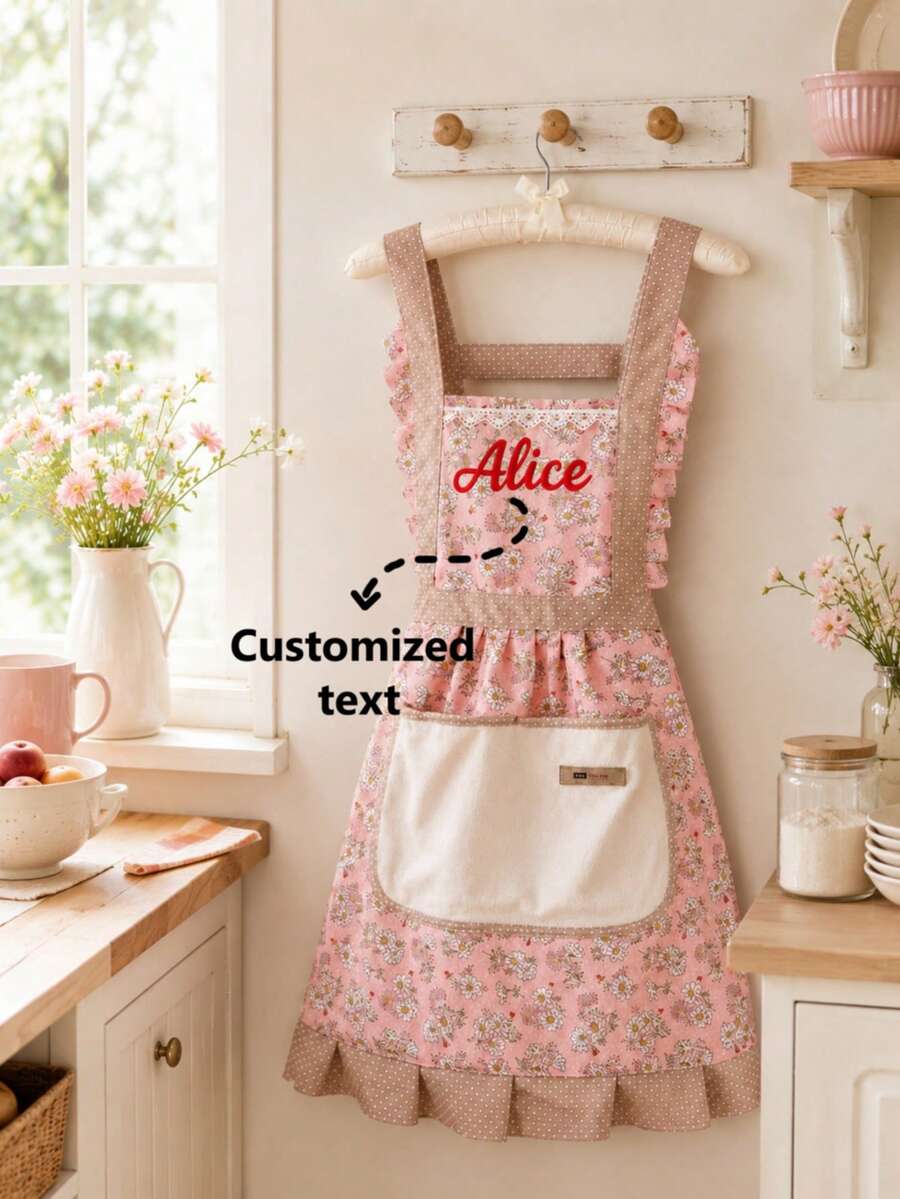 Anpassningsbart förkläde med småblommigt mönster och broderat namn, personlig broderistil, söt volangdesign för obehindrad rörelse, stora fickor för telefon och köksredskap, oljeresistent tyg som är lätt att rengöra, lämpligt för matlagning i köket och pyssel, hög igenkänningsfaktor med personligt broderi, perfekt för personligt bruk eller som present - Rosa - Visa 1
