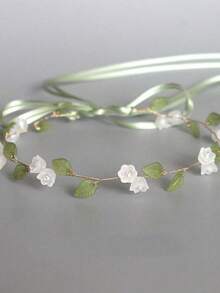 1pc Handmade Green Leaf & Flower Pattern Fabric Headband For Women - Green - View 1