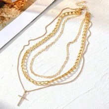 1pc Thick Multi-Layer Cross Pendant Necklace, Hip-Hop Style Chain, Fashion Accessory, Unisex - Gold - View 2