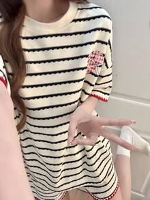 2pcs/Set Piyama Wanita, Motif Garis-garis Modis, Pola Lucu, Pullover Lengan Pendek Romantis, Pakaian Musim Semi/Panas, Kain Mudah Perawatan - Aprikot - View 11