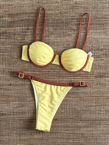 Bikinx Women's Underwire Colorblock Ruched Bust Bikini Set, Spaghetti Strap Backless Tie Swimwear, Suitable For Beach Vacation Summer - Multicolor - View 5