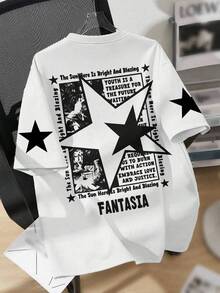 Teen Boy Cool Street Style Star Pattern T-Shirt, Oversized Vintage Print Top, Soft And Comfortable Fabric, Versatile Summer Back To School Top - White - View 1