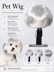 Wig Kostum Hewan Peliharaan 6 Inci - Wig Bob Perak untuk Anjing | Wig Hewan Peliharaan Sintetis Buatan Mesin | Desain Tali Serut yang Dapat Diatur | Hiasan Rambut Cosplay Lucu untuk Pesta Hewan Peliharaan, Pemotretan & Berdandan Sehari-hari - Perak - View 3