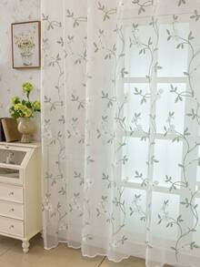 1 pieza Cortina de tul transparente con base blanca y bordado de flores pequeñas en color verde claro, estilo floral francés pastoral fresco, de poliéster semitransparente con dobladillo ondulado rectangular, cortina decorativa de gasa que filtra la luz, filtra la luz suavemente, ligera y brumosa para decoración de ventanas, adecuada para dormitorio, sala de estar, ventana mirador, decoración suave, escena del hogar pastoral fresca y curativa, uso en todas las estaciones - Verde - Ver 7