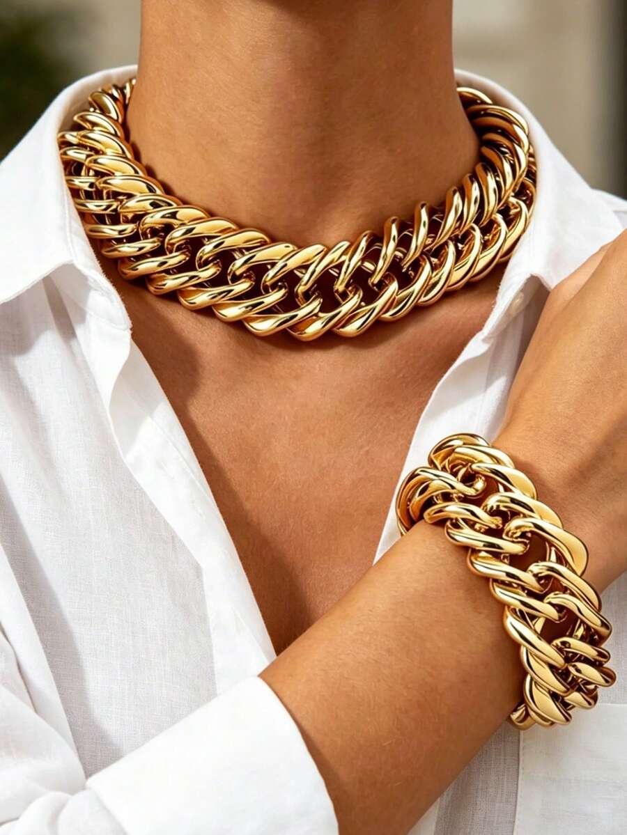 2pcs/Set Chunky Jewelry Minimalist Metal Clavicle Chain Fashion Versatile Gold Chain Thick Necklace Vintage Women Jewelry Necklace Suitable For Daily Wear, Shopping, Photography, Party And Gathering - Gold - View 1