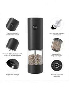 CLITON 2件組電動鹽與胡椒研磨器套裝，電池驅動自動鹽與胡椒磨盤附LED燈，單手操作，可補充設計與可調節研磨粗細，電子香料研磨器適用於廚房、用餐、戶外露營 - 黑色 - 查看 5