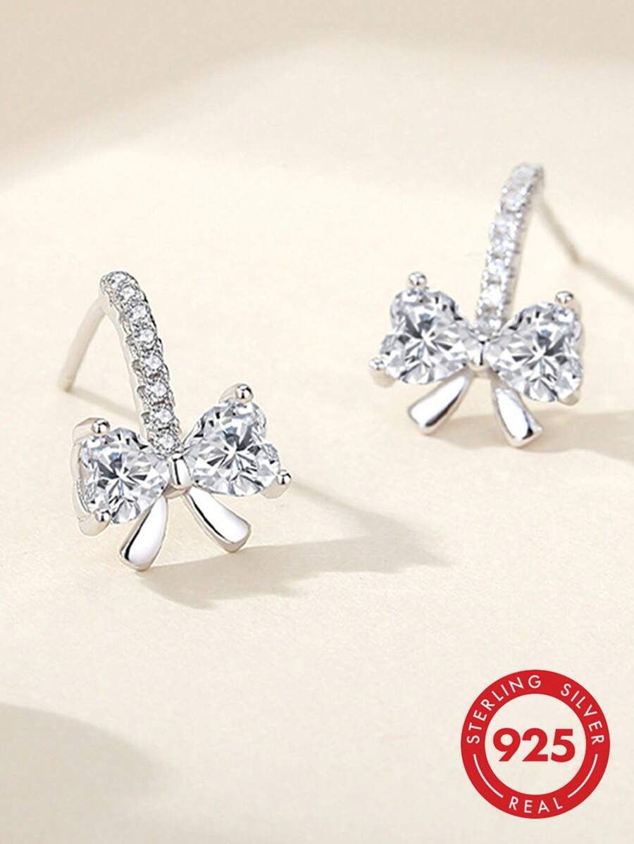 Brincos de Diamante em Formato de Coração com Laço Clássico e Libélula Requintada com Microincrustação em Prata Esterlina S925, Estilo Mori, Moda Fresca e Versátil, Presente para Família, Amigos e Casais - Prata - Visão 1