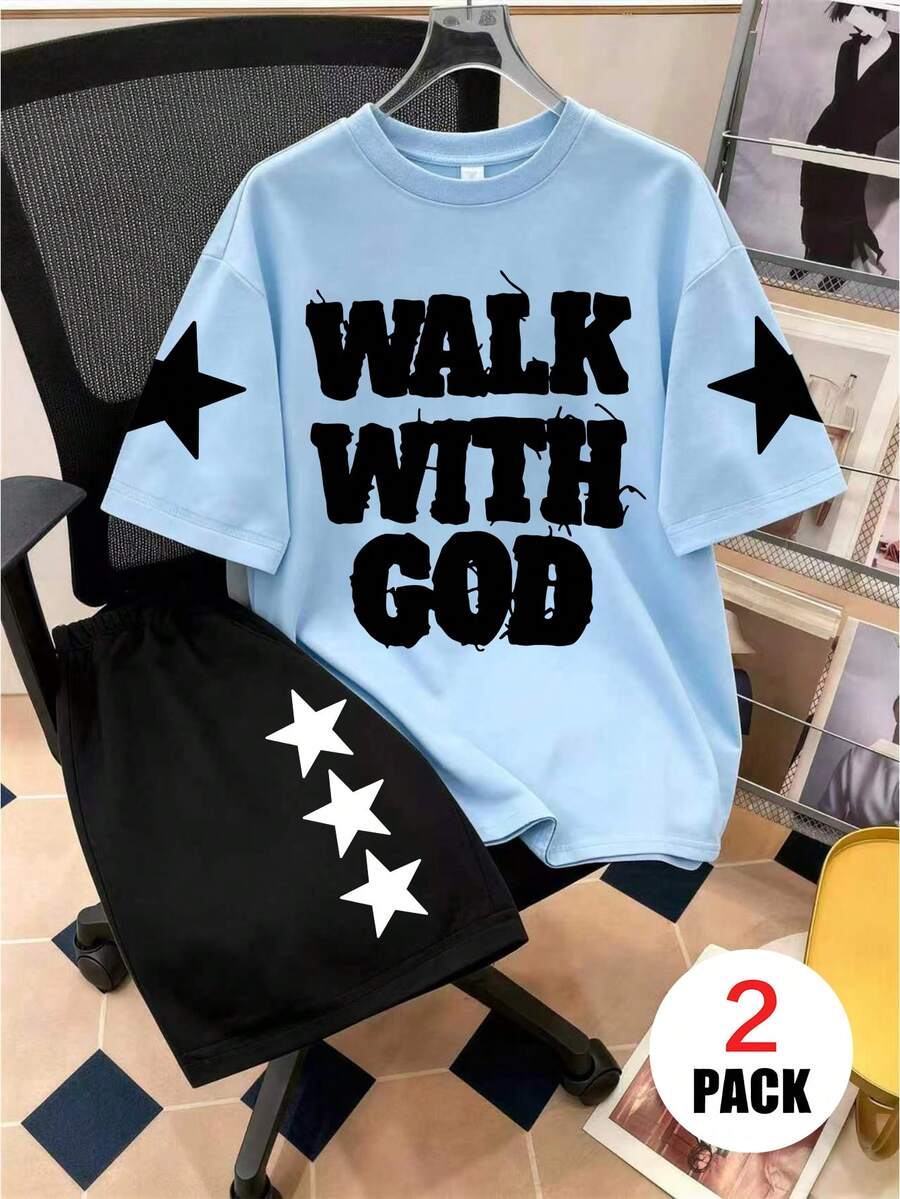 2件組男童套裝,寬鬆上衣印有「WALK WITH GOD」與星星圖案 + 運動短褲,舒適柔軟,適合夏季與運動 - 彩色 - 查看 1