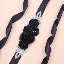 1pc Romantic Fabric Flower Handmade Rhinestone Bridal Waist Belt Wedding Dress Decor Maternity Photo Shoot Accessory - Black - View 3