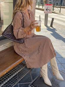 Women's 2026 Spring Striped Dress (Belt Included) - Slim-Fit V-Neck Lantern Sleeve, French Retro Color Block Office Slim-Fit A-Line Midi Dress - Khaki - View 6