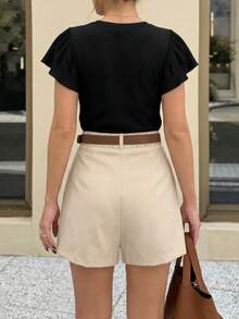 Women's Autumn Outfit, Spring/Autumn 2 Pieces Set, Black Top With Ruffle Sleeves + Apricot Skort With Diagonal Texture, Elegant Mature Style Summer - Black - View 5