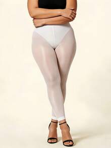 Legging Pendek Mengkilap untuk Sehari-hari, Pinggang Tinggi Halus dan Nyaman, Lapisan Dasar Mengkilap Serbaguna, Cocok untuk Kantor, Makan Siang Santai, dan Acara Kasual. - Putih - View 6