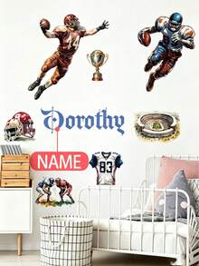 Personalized Custom Name Wall Decal, American Football Player & Stadium Print, Removable Vinyl Sticker For Boys Bedroom Sports Themed Wall Decor - Multicolor - View 3