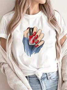 Women's Short And Round Neck Top - Cartoon Print With Nail Polish, Loose Fit For Spring And Summer, Machine Washable, Non-See-Through Fabric, Suitable For Daily Wear - Light Grey - View 7