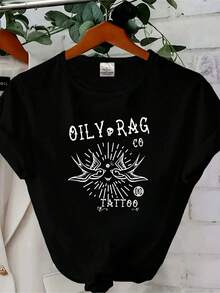 Women T-Shirt Print Oily Rag Tattoo T Shirt.Back And Front Printed.Official Oily Rag Co Product. - Black - View 1