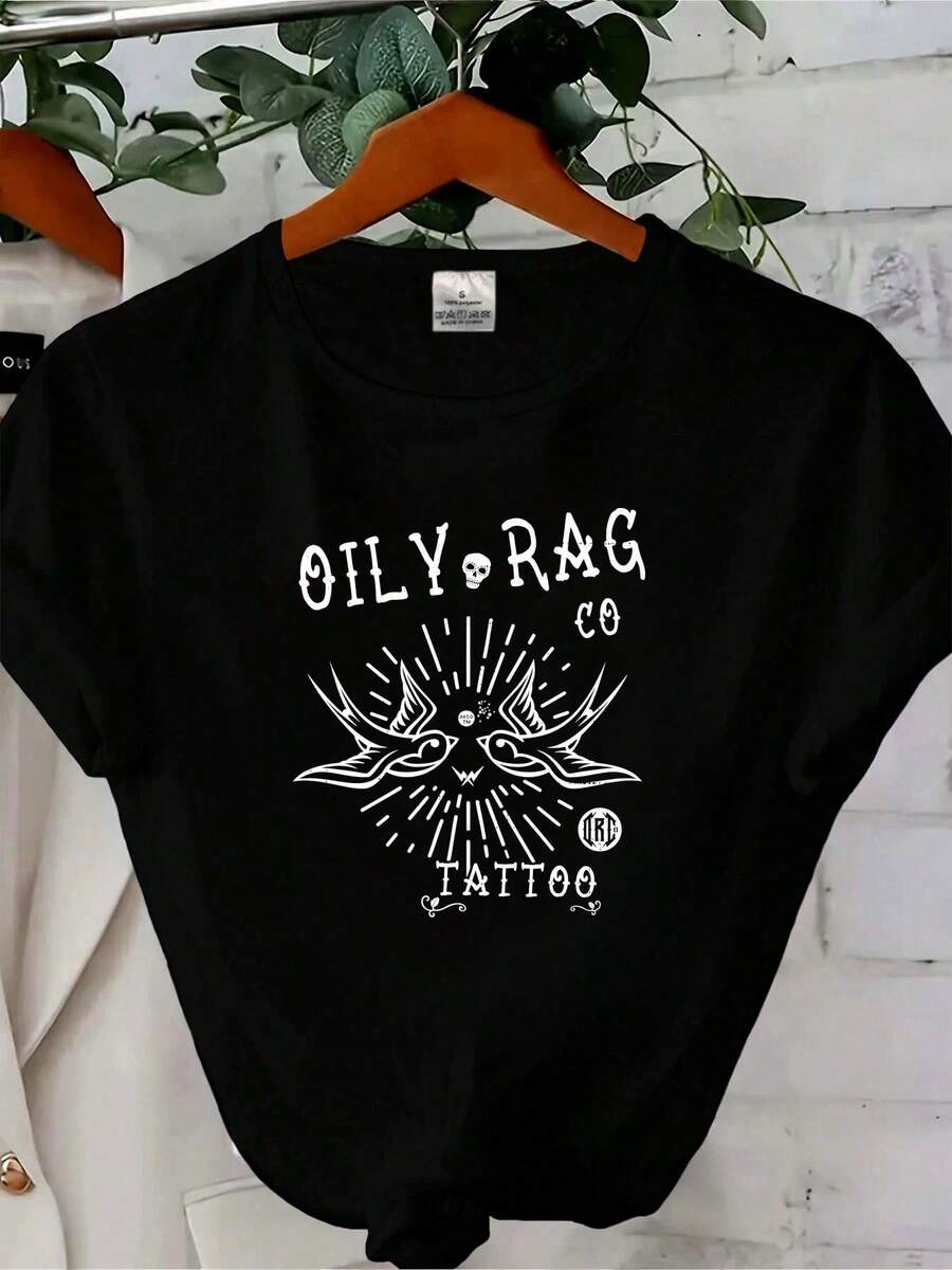 Women T-Shirt Print Oily Rag Tattoo T Shirt.Back And Front Printed.Official Oily Rag Co Product. - Black - View 1