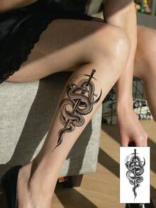 1pc Y2K Style Tattoo, Snake & Sword Pattern, Animal Temporary Tattoo Sticker, Waterproof & Sweat-Proof, Washable, Non-Reflective, Realistic Tattoo Effect For Arms, Legs, Shoulders, Chest, Back, Suitable For Fashion-Forward People, Lasts 3 To 5 Days - Black - View 2