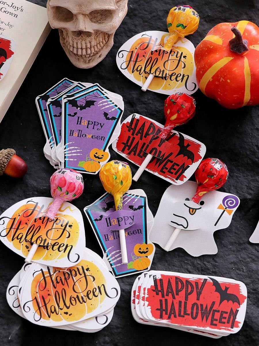 32pcs Pumpkin Lollipop Decoration Cards, Halloween Theme - Holiday Party Gifts, Candy Boxes And Holiday Decorations, Featuring Ghost Pumpkin Design, Yellow Paper Cards, Suitable For Halloween Parties, Birthday Gifts And "Trick Or Treat" Decoration Cards. - View 1