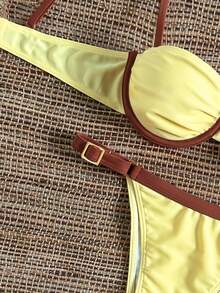 Bikinx Women's Underwire Colorblock Ruched Bust Bikini Set, Spaghetti Strap Backless Tie Swimwear, Suitable For Beach Vacation Summer - Multicolor - View 6