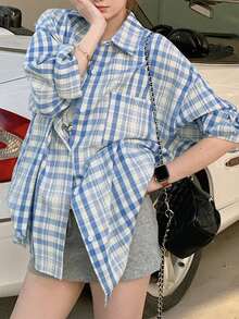 Korean Style Loose Fit Long Sleeve Plaid Shirt, Random Fabric Panels - Blue - View 3