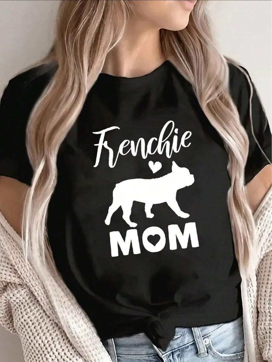 Women's "Black French Bulldog Mom" Style T-Shirt, Made Of Polyester, Short Sleeve With White Print, Suitable For Home, Cafes Or Casual Outings, Lightweight And Durable Design. - 黑色 - 查看 1