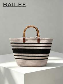 BAILEE A Casual, Stylish, Vacation-Themed Bamboo-Handled Woven Handbag. It Is Lightweight, Durable, And Has Ample Capacity. An Excellent Choice For Gifts. - Multicolor - View 2